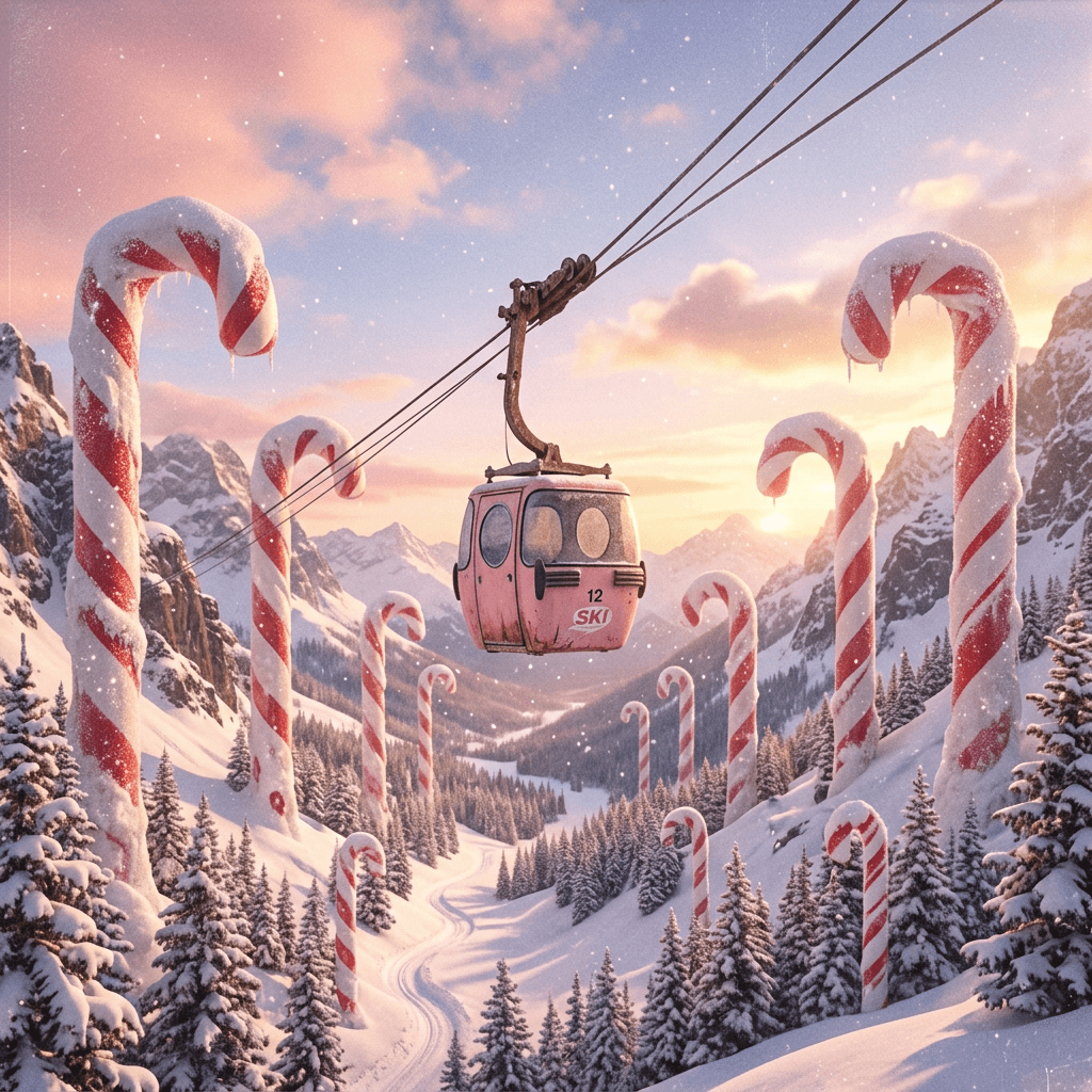 Single artwork for "See You Again" by Scott Hendrix: a pink gondola gliding over a snowy valley of giant candy canes
